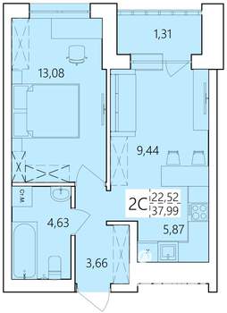 2-к квартира, строящийся дом, 38м2, 4/25 этаж