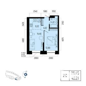 2-к квартира, вторичка, 43м2, 6/19 этаж