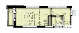 1-к квартира, строящийся дом, 32м2, 18/25 этаж