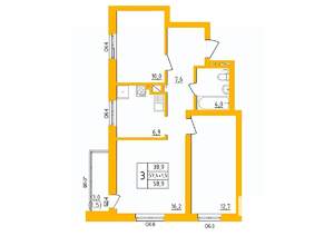 3-к квартира, строящийся дом, 59м2, 21/27 этаж