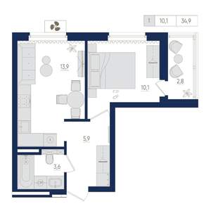 1-к квартира, вторичка, 35м2, 3/22 этаж