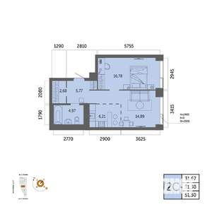 2-к квартира, вторичка, 51м2, 14/32 этаж