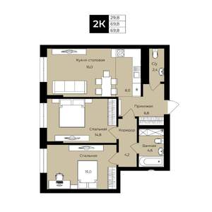 2-к квартира, вторичка, 70м2, 24/25 этаж