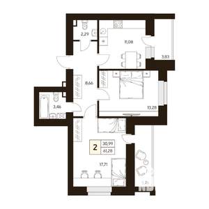 2-к квартира, строящийся дом, 61м2, 9/10 этаж
