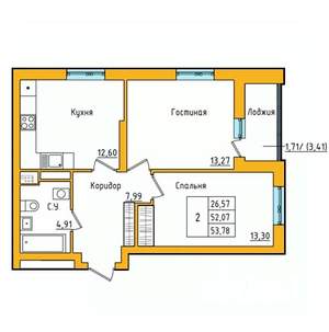 2-к квартира, строящийся дом, 54м2, 23/27 этаж
