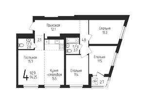 3-к квартира, строящийся дом, 94м2, 21/25 этаж