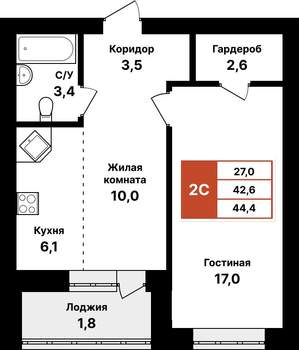 2-к квартира, вторичка, 44м2, 8/8 этаж
