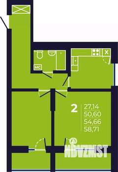 2-к квартира, строящийся дом, 54м2, 8/25 этаж