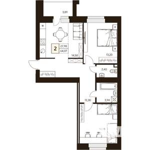 2-к квартира, строящийся дом, 64м2, 2/10 этаж