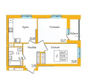 2-к квартира, строящийся дом, 54м2, 23/27 этаж