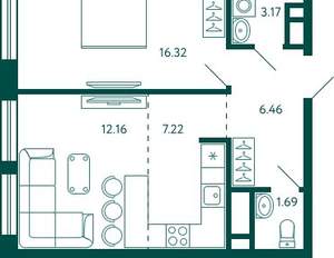 1-к квартира, строящийся дом, 47м2, 12/18 этаж