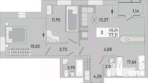 3-к квартира, строящийся дом, 77м2, 3/24 этаж