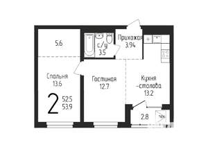 2-к квартира, строящийся дом, 54м2, 21/25 этаж