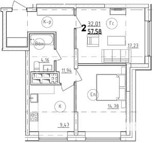 2-к квартира, строящийся дом, 59м2, 23/28 этаж