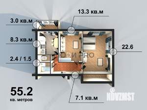 2-к квартира, вторичка, 55м2, 1/3 этаж