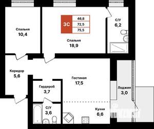3-к квартира, вторичка, 76м2, 1/8 этаж