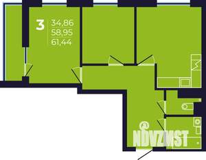 3-к квартира, строящийся дом, 61м2, 4/25 этаж