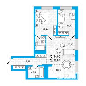 2-к квартира, вторичка, 69м2, 10/26 этаж