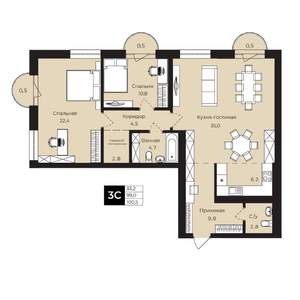 2-к квартира, вторичка, 101м2, 9/25 этаж