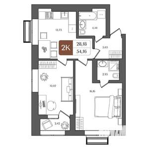 2-к квартира, строящийся дом, 54м2, 4/21 этаж