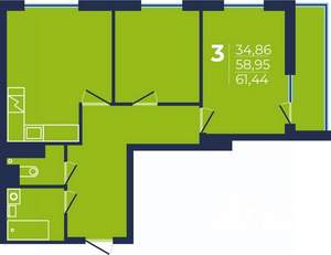 3-к квартира, строящийся дом, 61м2, 13/25 этаж