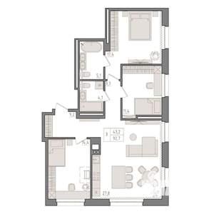 3-к квартира, вторичка, 93м2, 22/23 этаж