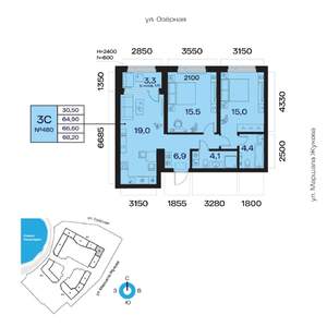 3-к квартира, вторичка, 67м2, 2/32 этаж