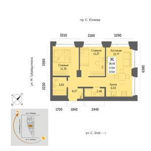 3-к квартира, вторичка, 57м2, 19/32 этаж