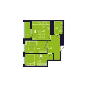 3-к квартира, строящийся дом, 45м2, 18/25 этаж