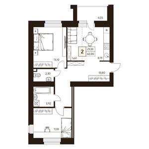 2-к квартира, строящийся дом, 60м2, 10/10 этаж