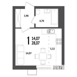 Студия квартира, вторичка, 28м2, 15/25 этаж