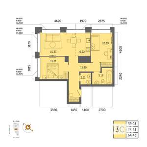 3-к квартира, вторичка, 64м2, 28/32 этаж