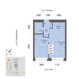 2-к квартира, вторичка, 45м2, 17/32 этаж