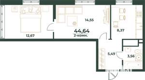 2-к квартира, строящийся дом, 45м2, 19/24 этаж