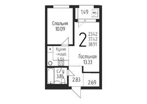 1-к квартира, строящийся дом, 39м2, 15/24 этаж