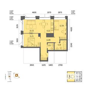 3-к квартира, вторичка, 64м2, 24/32 этаж