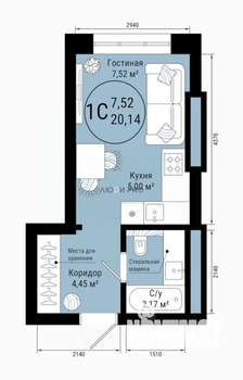 Студия квартира, строящийся дом, 20м2, 15/25 этаж
