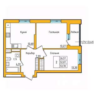 2-к квартира, строящийся дом, 54м2, 15/27 этаж