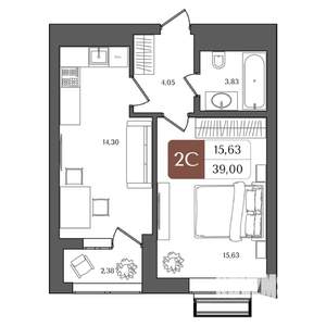 2-к квартира, строящийся дом, 39м2, 12/21 этаж