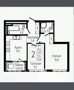 2-к квартира, вторичка, 53м2, 8/24 этаж