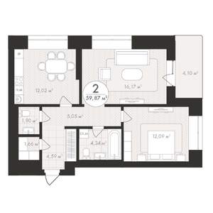 2-к квартира, строящийся дом, 60м2, 18/24 этаж