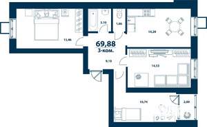3-к квартира, строящийся дом, 70м2, 4/5 этаж