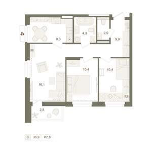 3-к квартира, вторичка, 63м2, 11/25 этаж