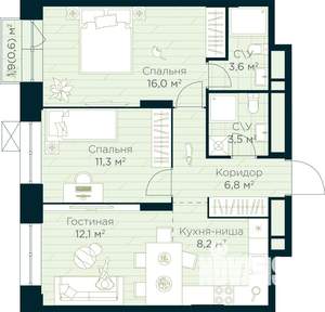 2-к квартира, строящийся дом, 62м2, 5/30 этаж