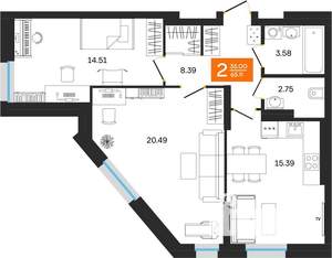 2-к квартира, вторичка, 65м2, 12/25 этаж