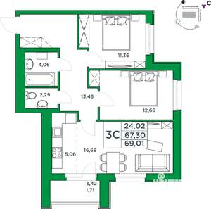 2-к квартира, вторичка, 67м2, 14/24 этаж