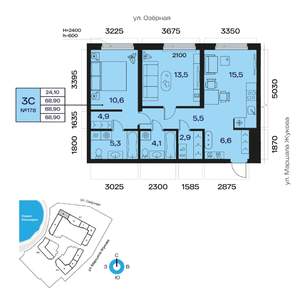 3-к квартира, вторичка, 69м2, 2/32 этаж
