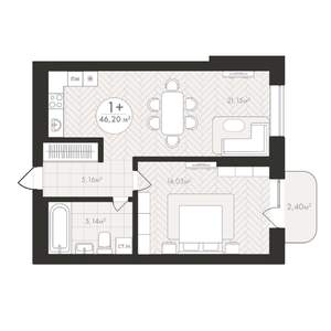 1-к квартира, строящийся дом, 46м2, 7/24 этаж