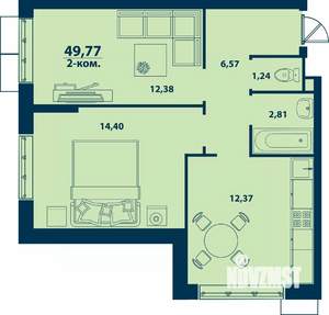 2-к квартира, строящийся дом, 50м2, 23/24 этаж
