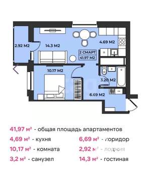 2-к квартира, вторичка, 42м2, 3/19 этаж